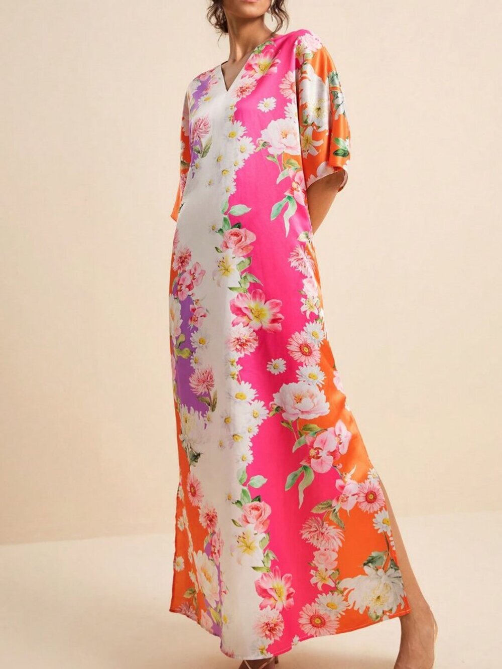 Multicolor Boho Women's Colorful Floral V-Neck Short Sleeve Maxi Dress